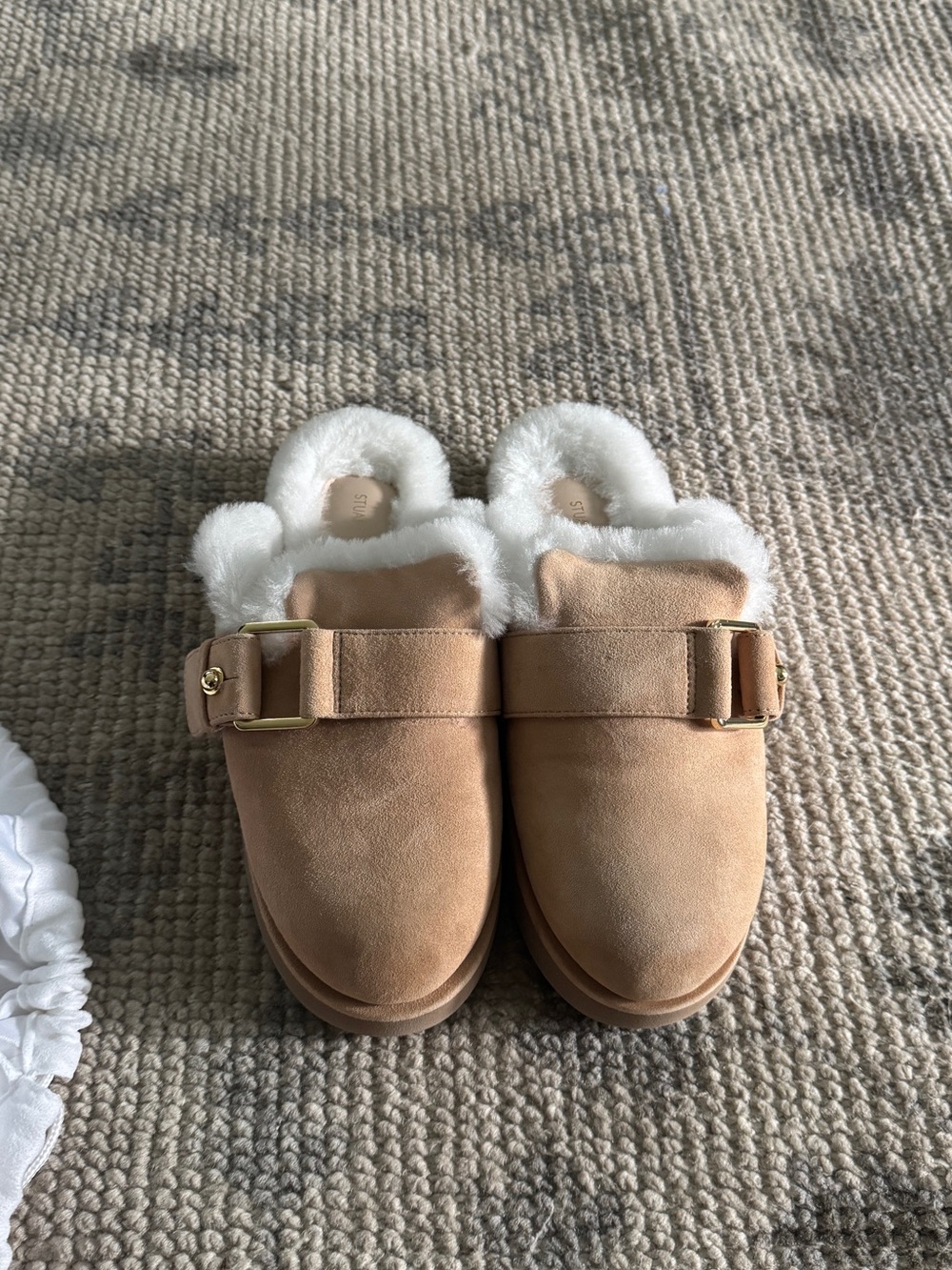 Faux-Suede Shearling-Lined Slip-On Mules in Camel
